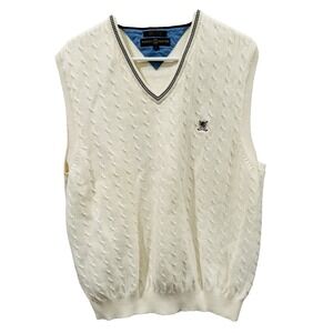 Vintage Tommy Hilfiger Golf Men V Neck Cable Knit Sweater Vest Cream szXL Preppy